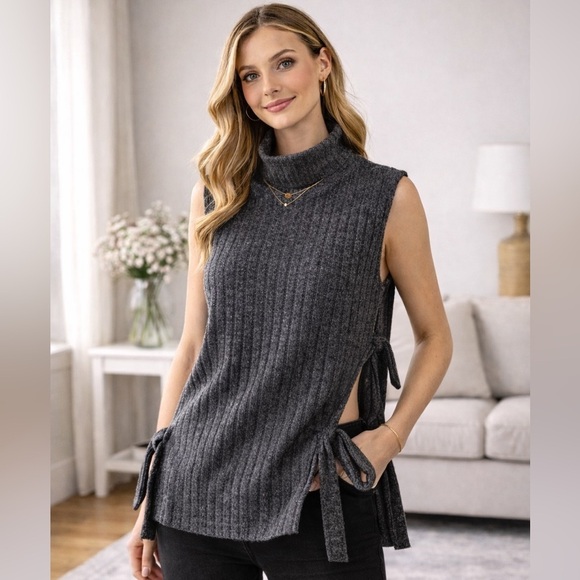 Edc Sweaters - EDC by Esprit Ribbed Sleeveless Turtleneck Top | Side Tie Detail | US M